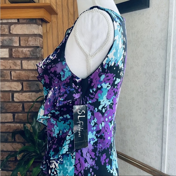 SL Fashions Purple Turquoise Floral Asymmetric Capelet mini Dress Chiffon Sz 6 - Picture 4 of 9